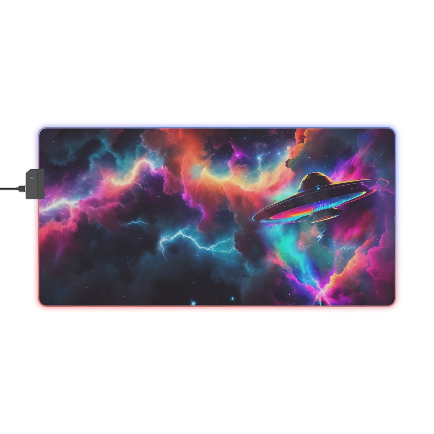 LED Gaming Mouse Pad. Close Encounter UFO in a Nebula Neon style Classic Mouse Mat, Get ready to elevate your gaming experience Tic Tac UAP style!