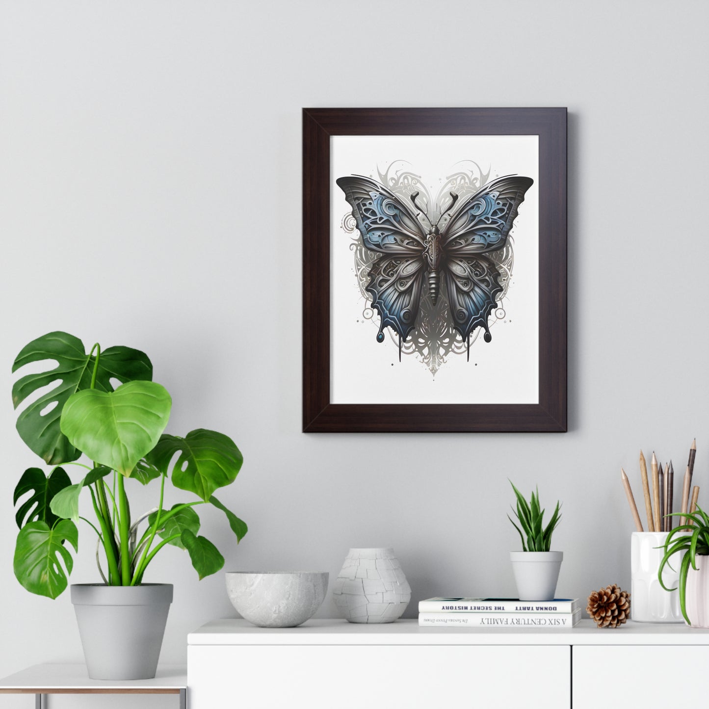 Steam Punk Style Butterfly Framed Vertical Poster, Ash Blue