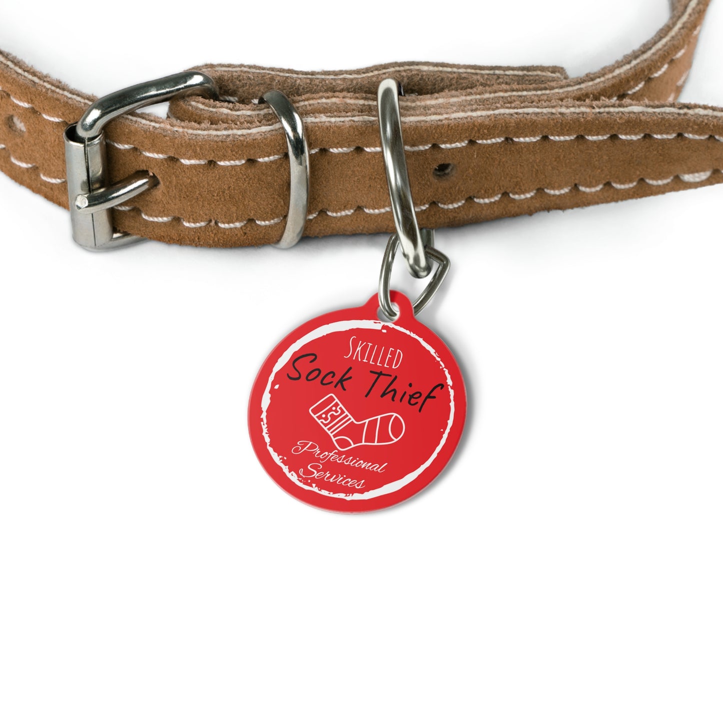 Red Dog ID, Dog Tag and Personolised with your Dogs Name and Contact info. "Skilled Sock Thief, Professional Services", Pet Tag.