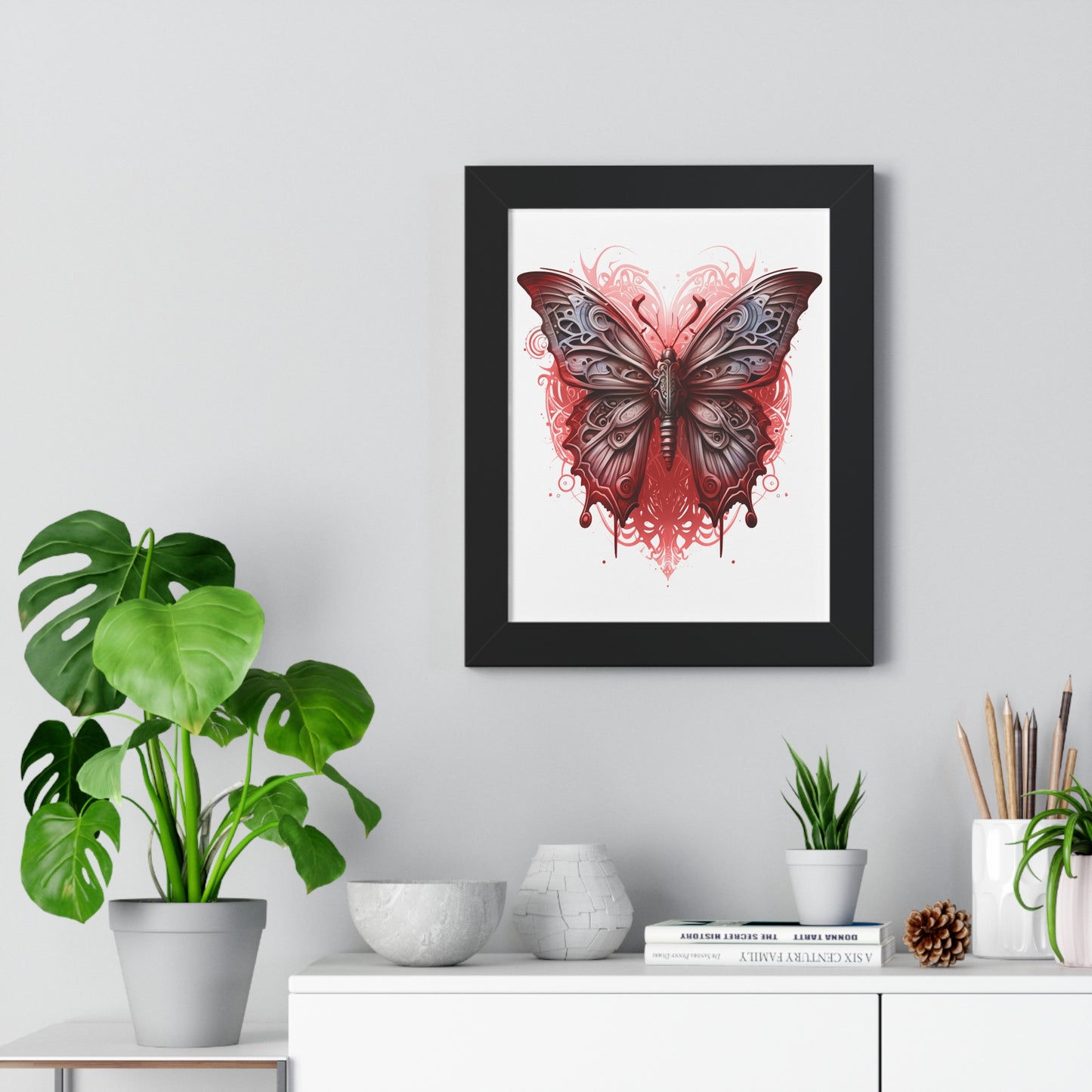 Steam Punk Style Butterfly Framed Vertical Poster, Hydrolic Red