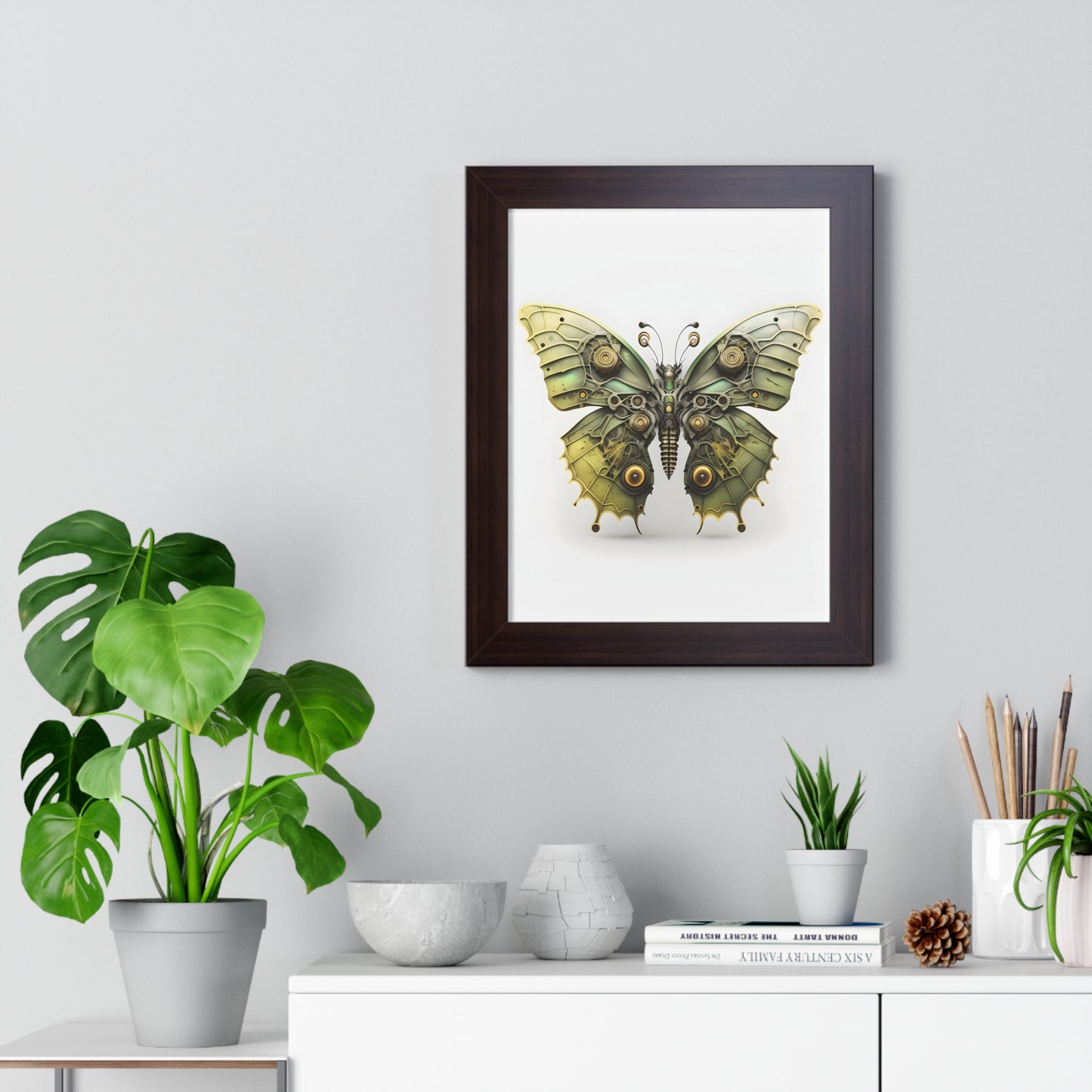 Steam Punk Style Butterfly Framed Vertical Poster, Acid Green