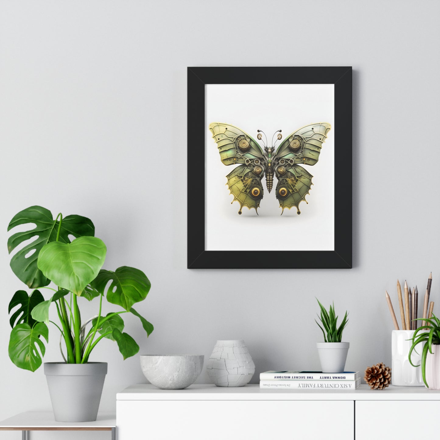 Steam Punk Style Butterfly Framed Vertical Poster, Acid Green