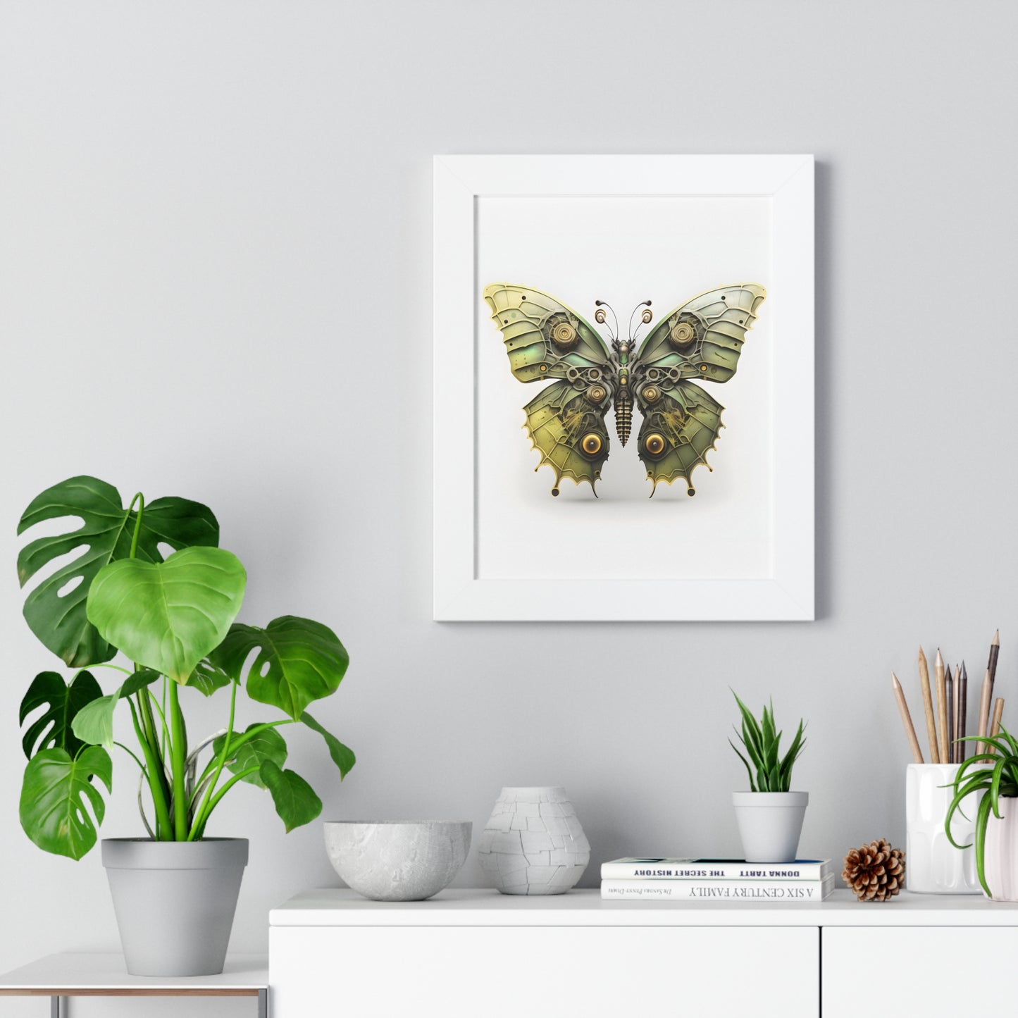 Steam Punk Style Butterfly Framed Vertical Poster, Acid Green