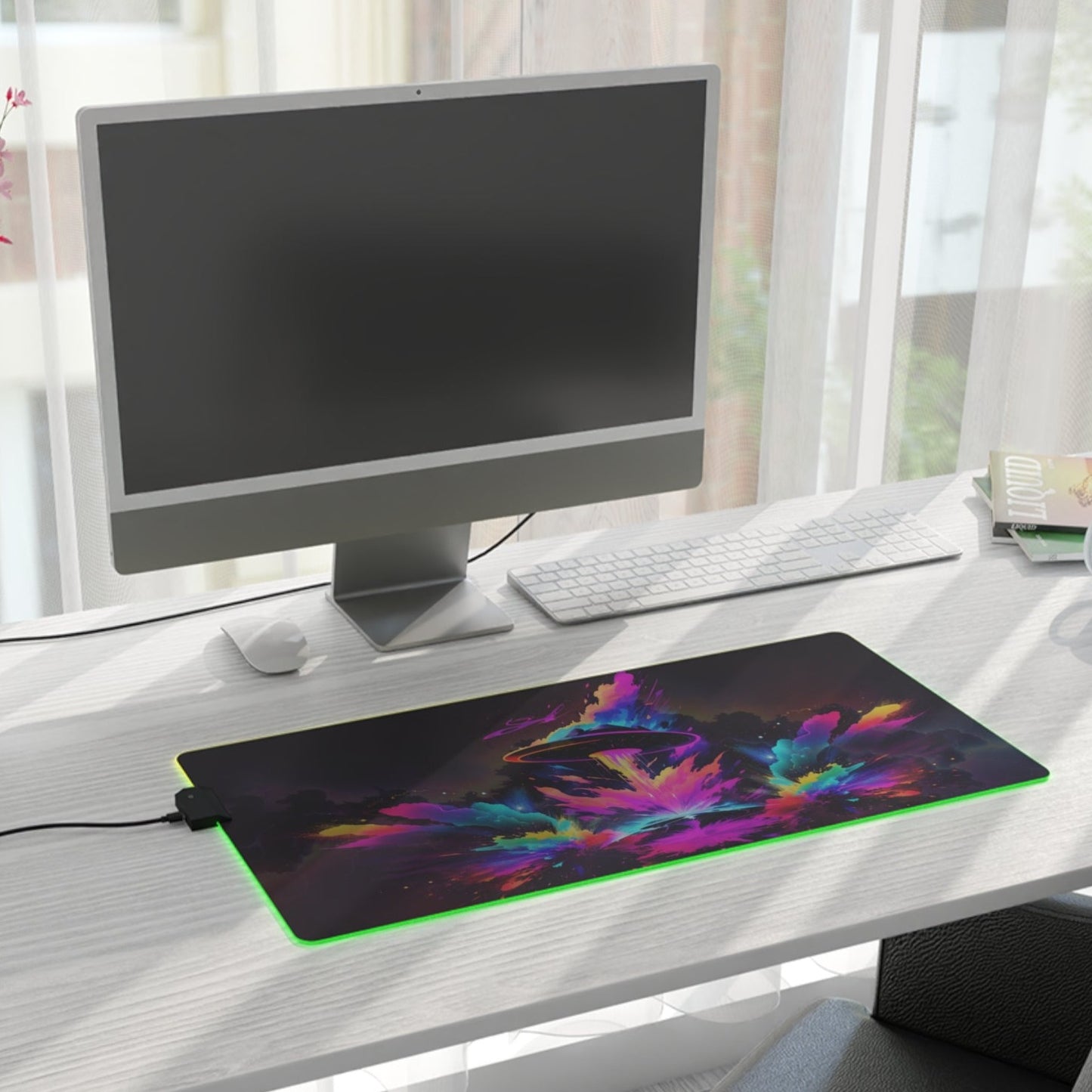 LED Gaming Mouse Pad. Close Encounter UFO in a Nebula Neon SPLASH effect Mouse Mat, Get ready to elevate your gaming experience Tic Tac UAP style!