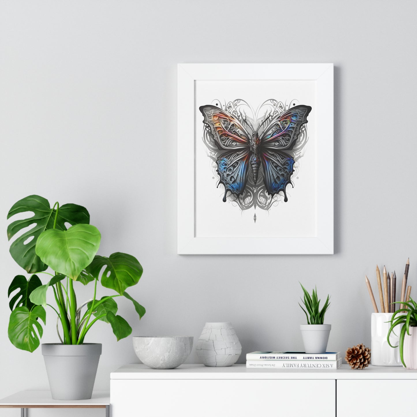 Steam Punk Style Butterfly Framed Vertical Poster, Iridescent Oils