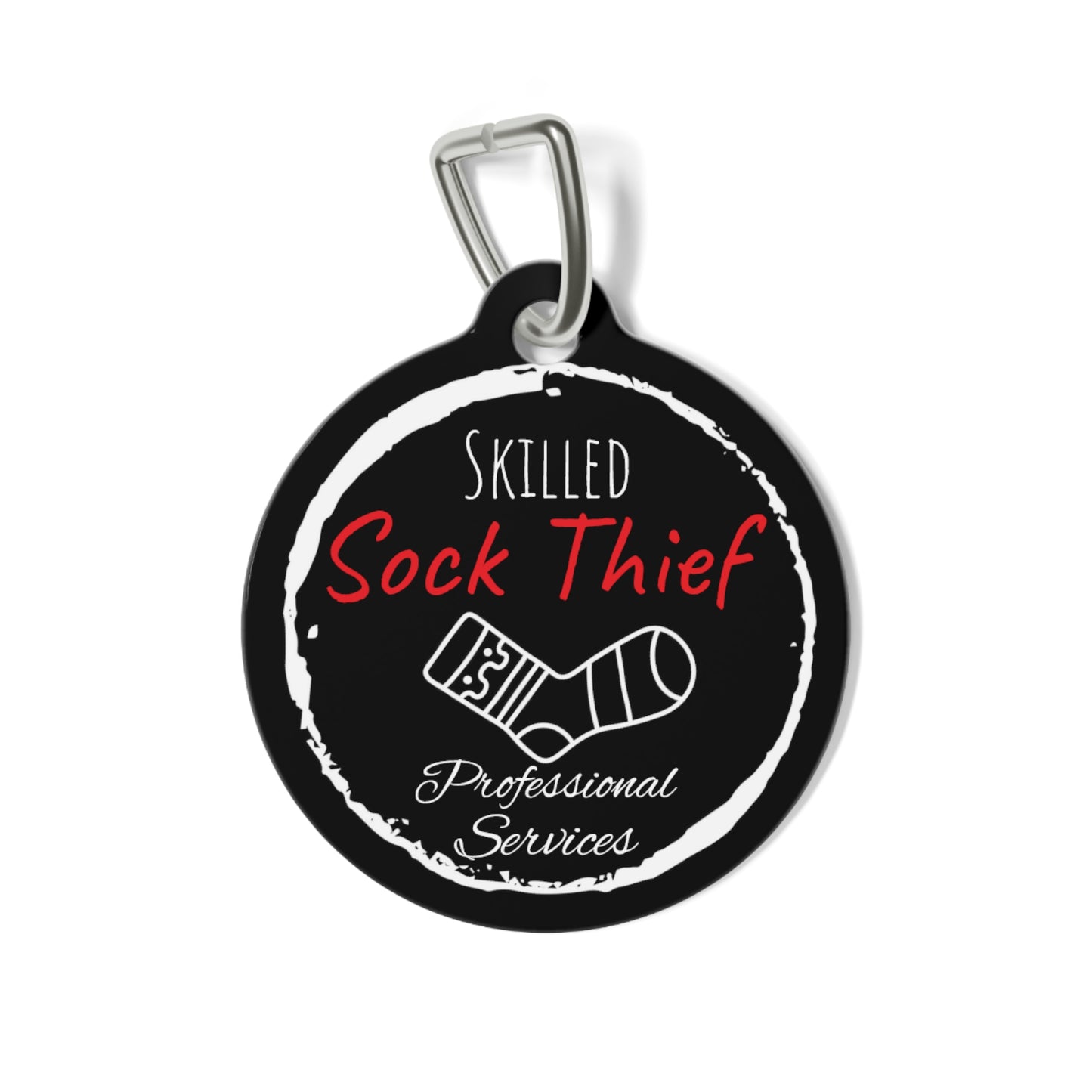 Black Dog ID, Dog Tag and Personolised with your Dogs Name and Contact info. "Skilled Sock Thief, Professional Services", Pet Tag.