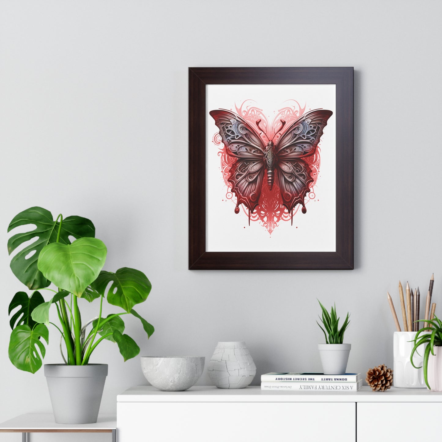 Steam Punk Style Butterfly Framed Vertical Poster, Hydrolic Red