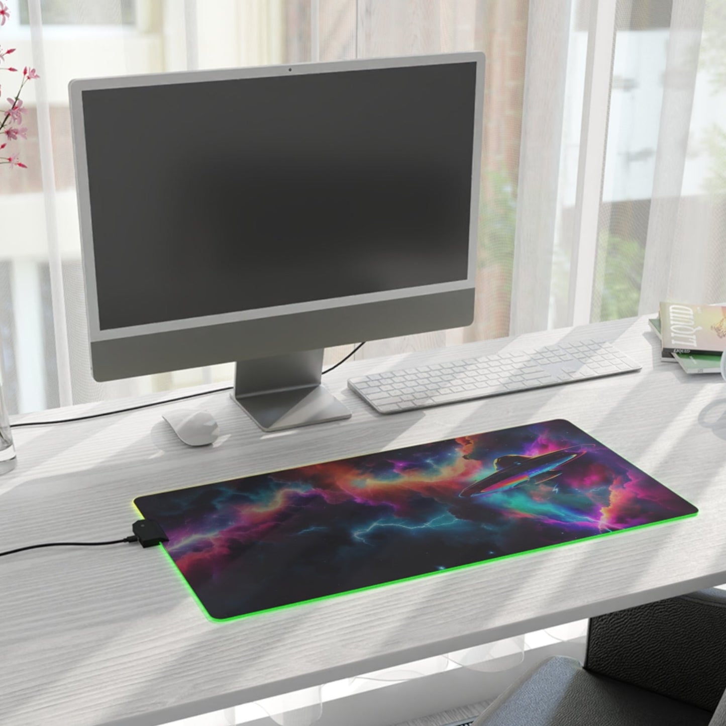LED Gaming Mouse Pad. Close Encounter UFO in a Nebula Neon style Classic Mouse Mat, Get ready to elevate your gaming experience Tic Tac UAP style!
