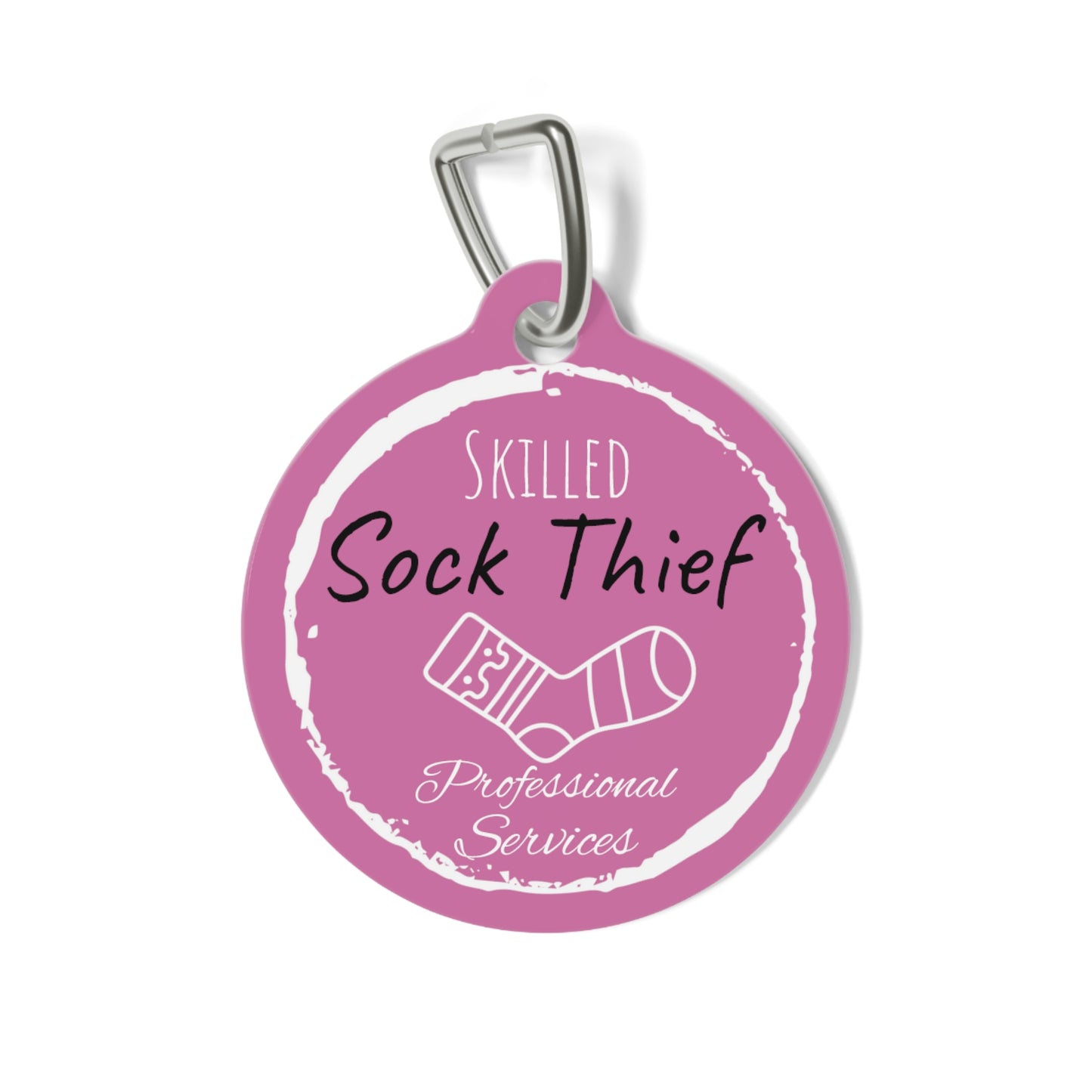 Pink Dog ID, Dog Tag and Personolised with your Dogs Name and Contact info. "Skilled Sock Thief, Professional Services", Pet Tag.