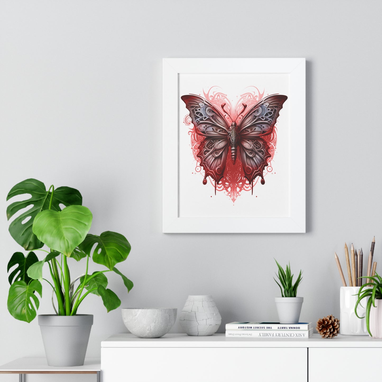 Steam Punk Style Butterfly Framed Vertical Poster, Hydrolic Red