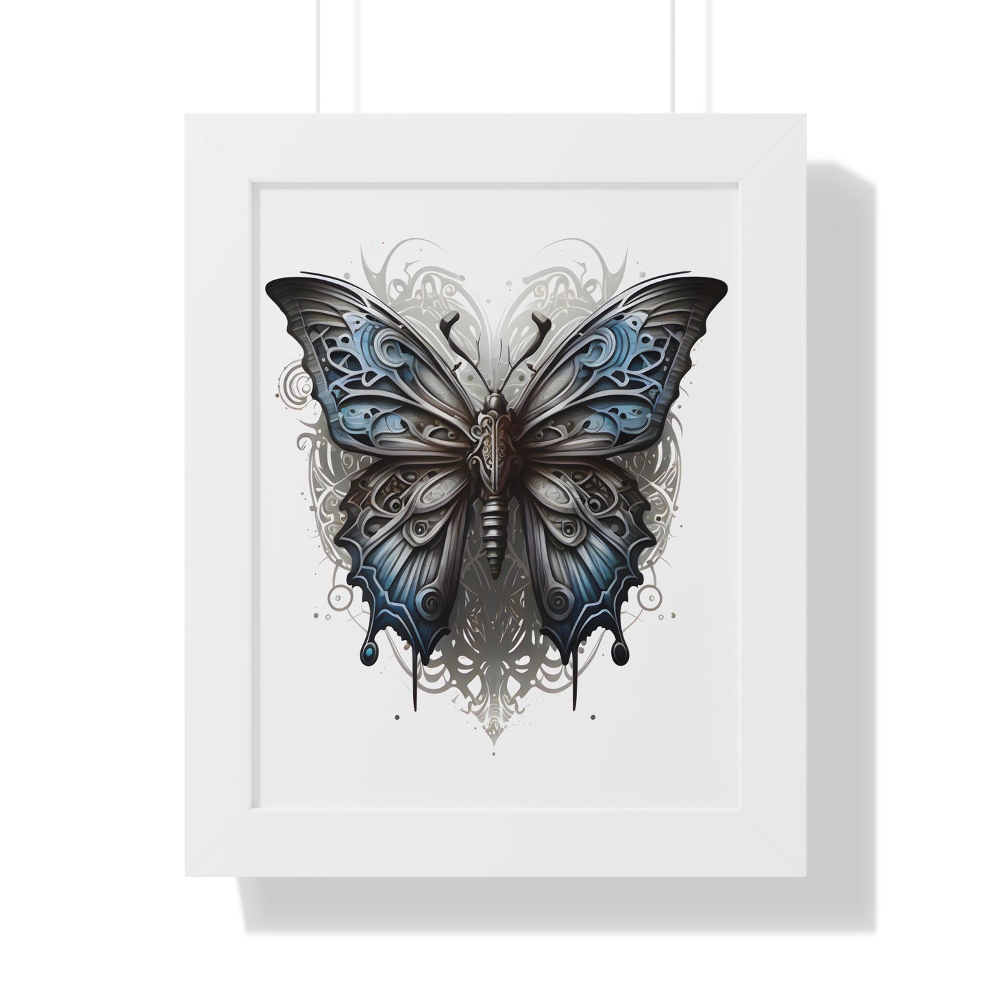 Steam Punk Style Butterfly Framed Vertical Poster, Ash Blue