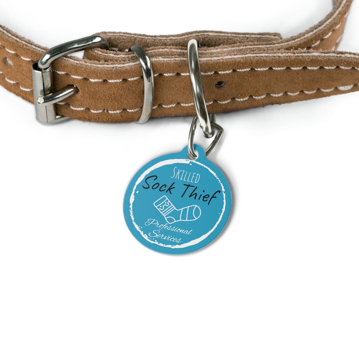 Blue Dog ID, Dog Tag and Personolised with your Dogs Name and Contact info. "Skilled Sock Thief, Professional Services", Pet Tag.