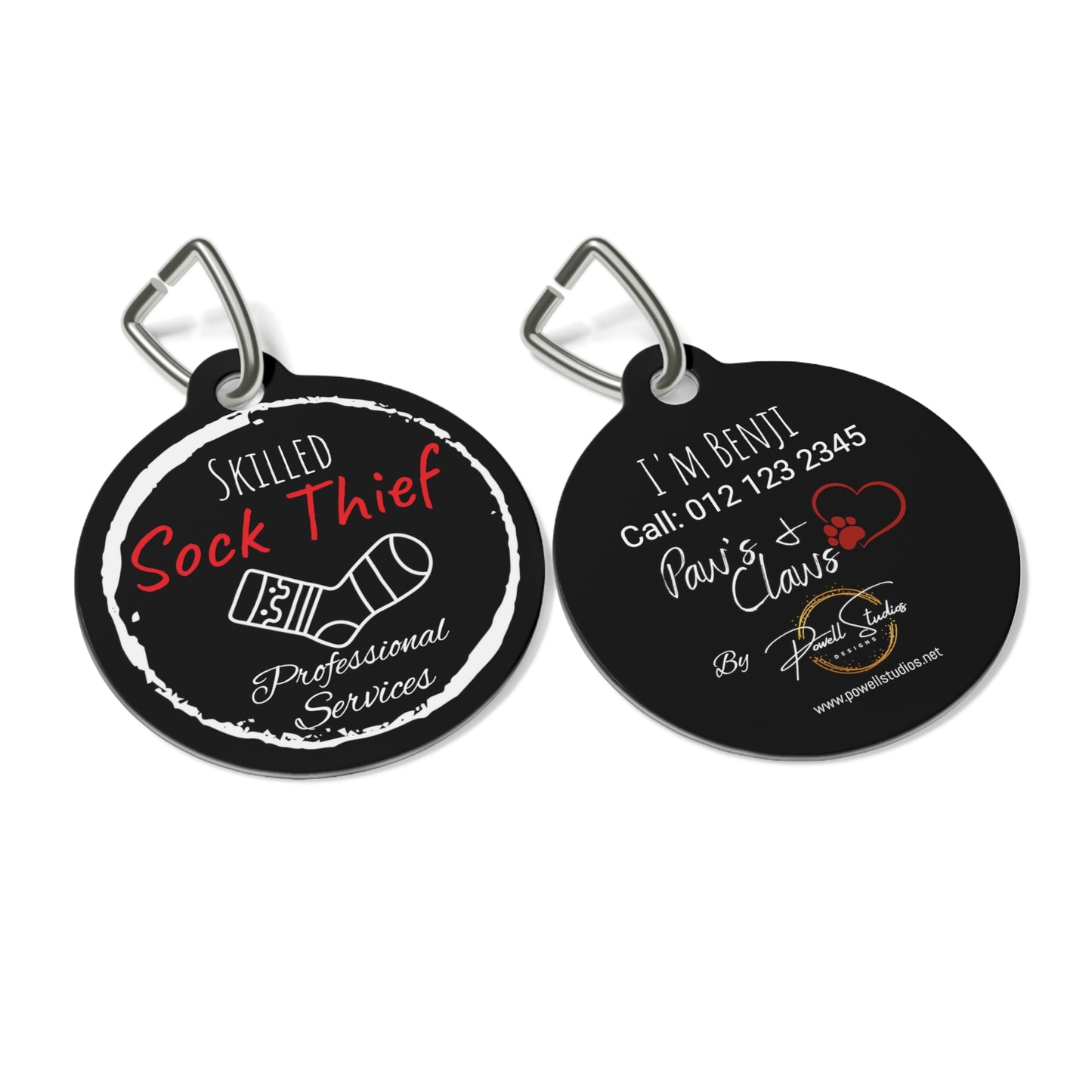 Black Dog ID, Dog Tag and Personolised with your Dogs Name and Contact info. "Skilled Sock Thief, Professional Services", Pet Tag.
