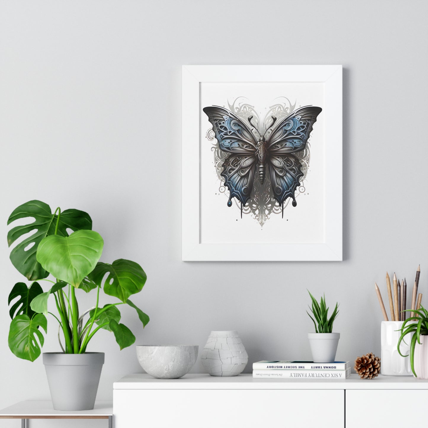 Steam Punk Style Butterfly Framed Vertical Poster, Ash Blue