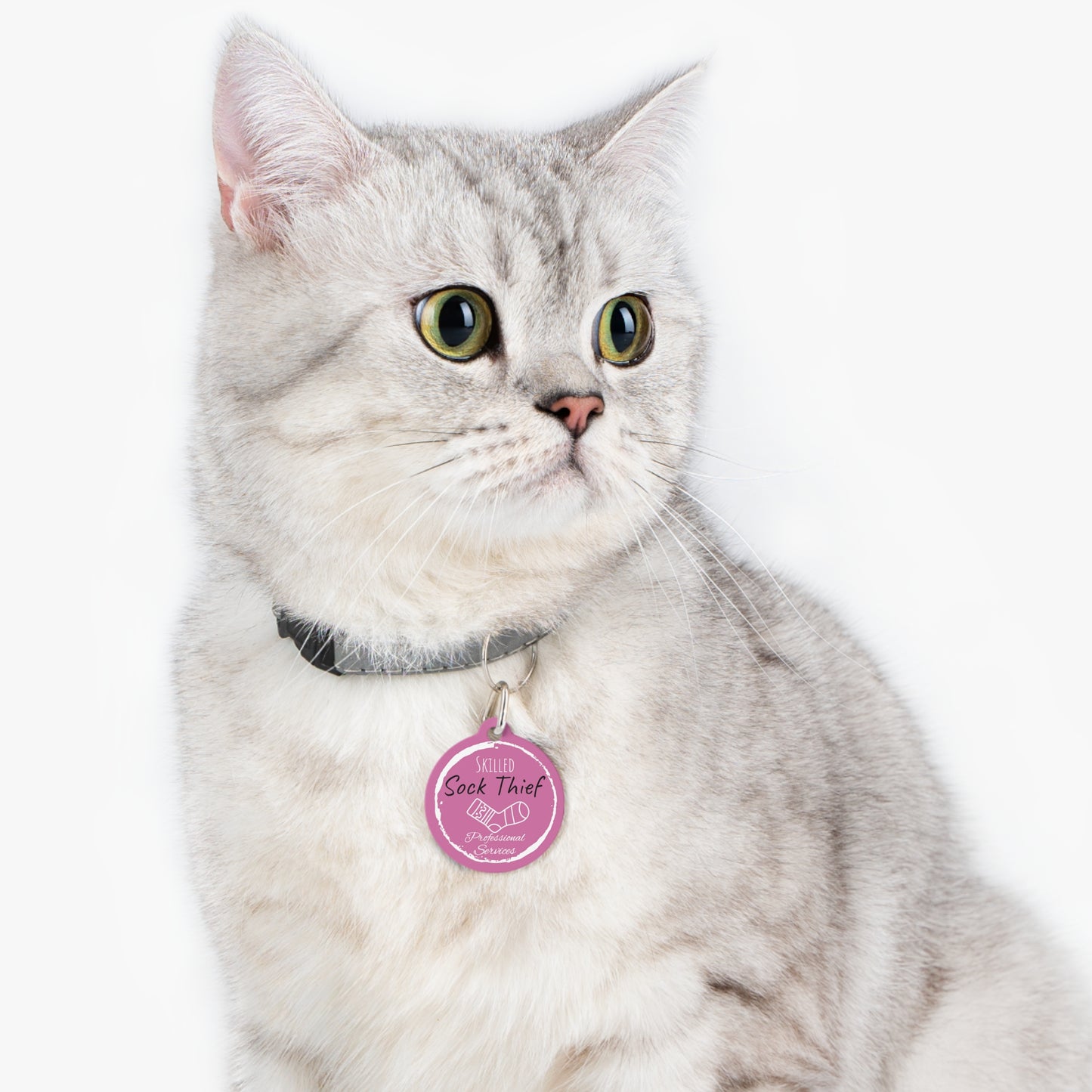 Pink Dog ID, Dog Tag and Personolised with your Dogs Name and Contact info. "Skilled Sock Thief, Professional Services", Pet Tag.