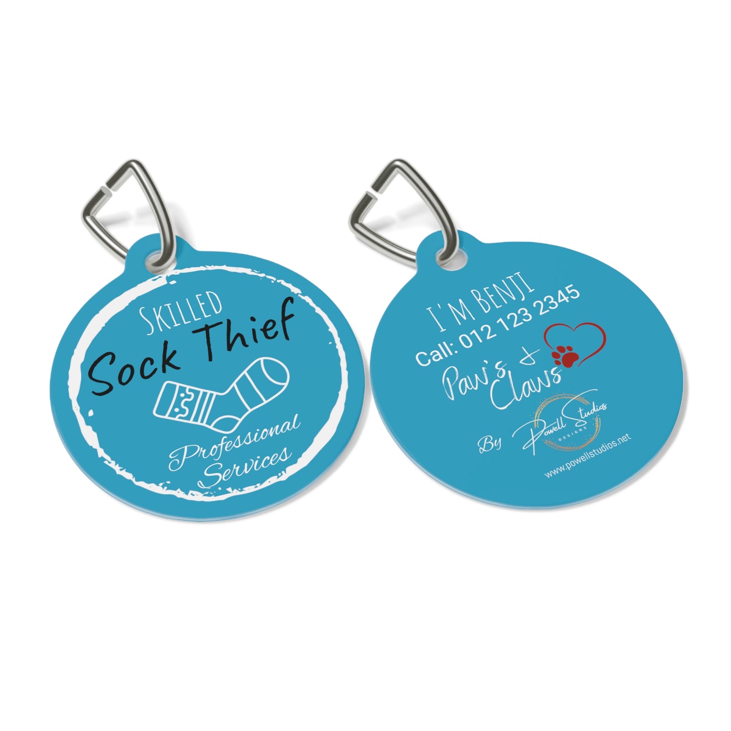 Blue Dog ID, Dog Tag and Personolised with your Dogs Name and Contact info. "Skilled Sock Thief, Professional Services", Pet Tag.