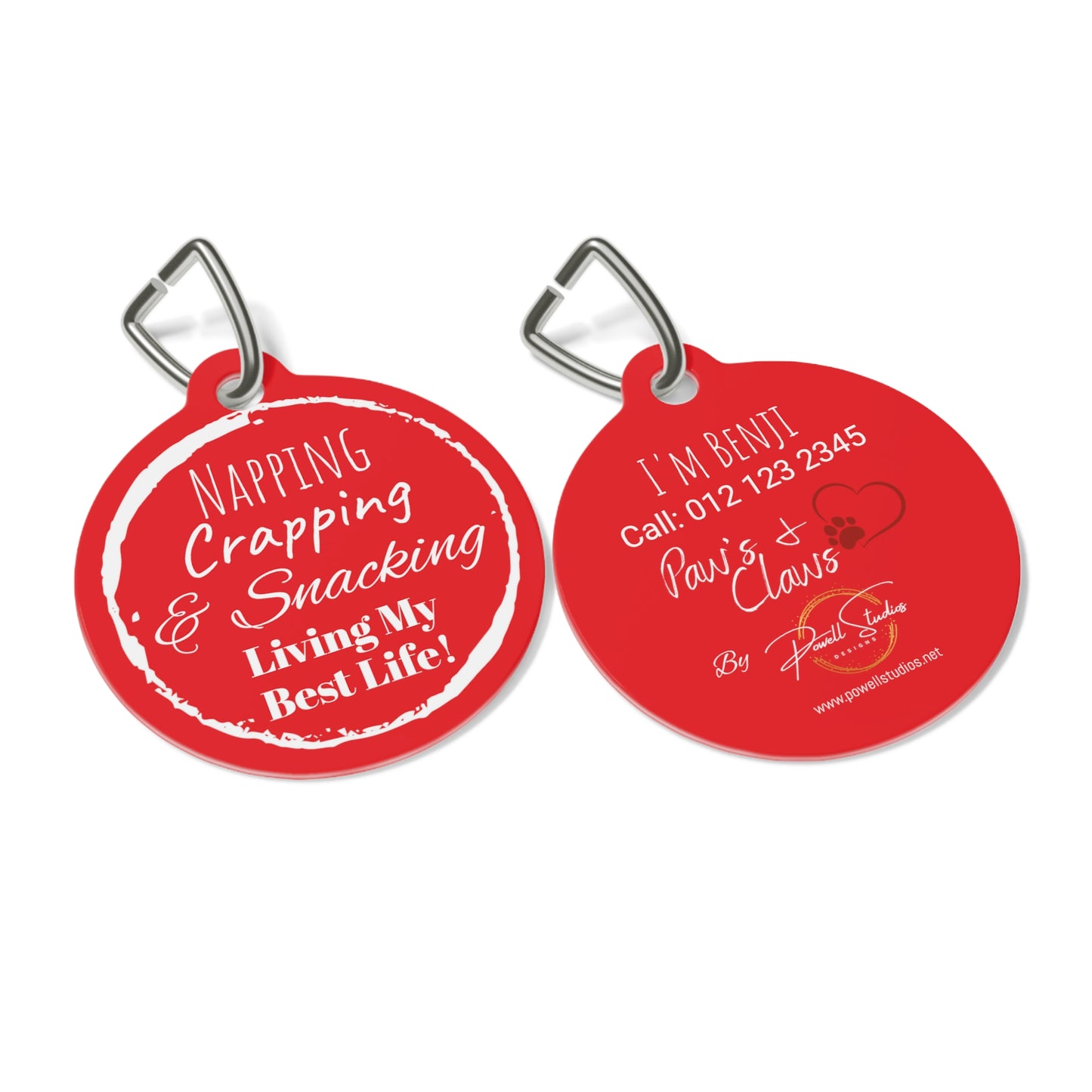Red "Napping, Crapping and Snacking. Living My Best Life" ,Pet Tag, Dog ID, Dog Tag, Cat Tag, Cat ID
