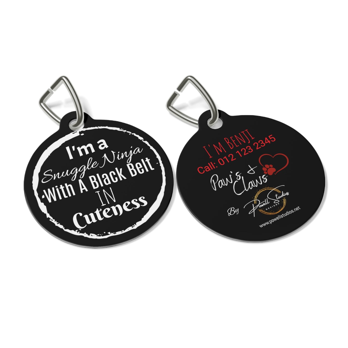 Black "Cute, Snuggle Ninja!" , Pet Tag, Pet ID, dog ID, cat ID, cat tag