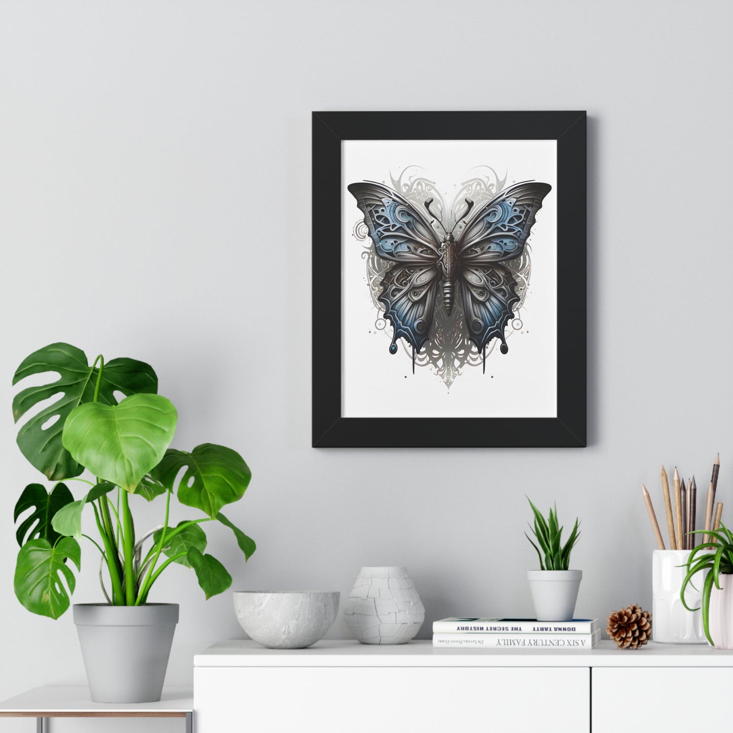 Steam Punk Style Butterfly Framed Vertical Poster, Ash Blue