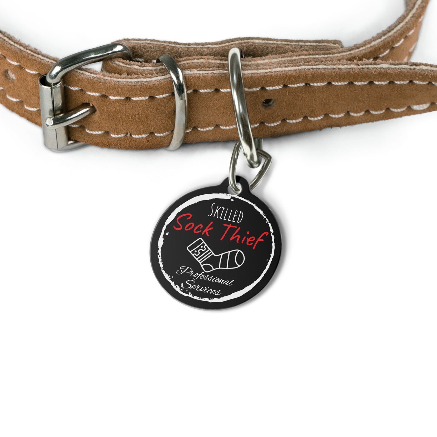 Black Dog ID, Dog Tag and Personolised with your Dogs Name and Contact info. "Skilled Sock Thief, Professional Services", Pet Tag.