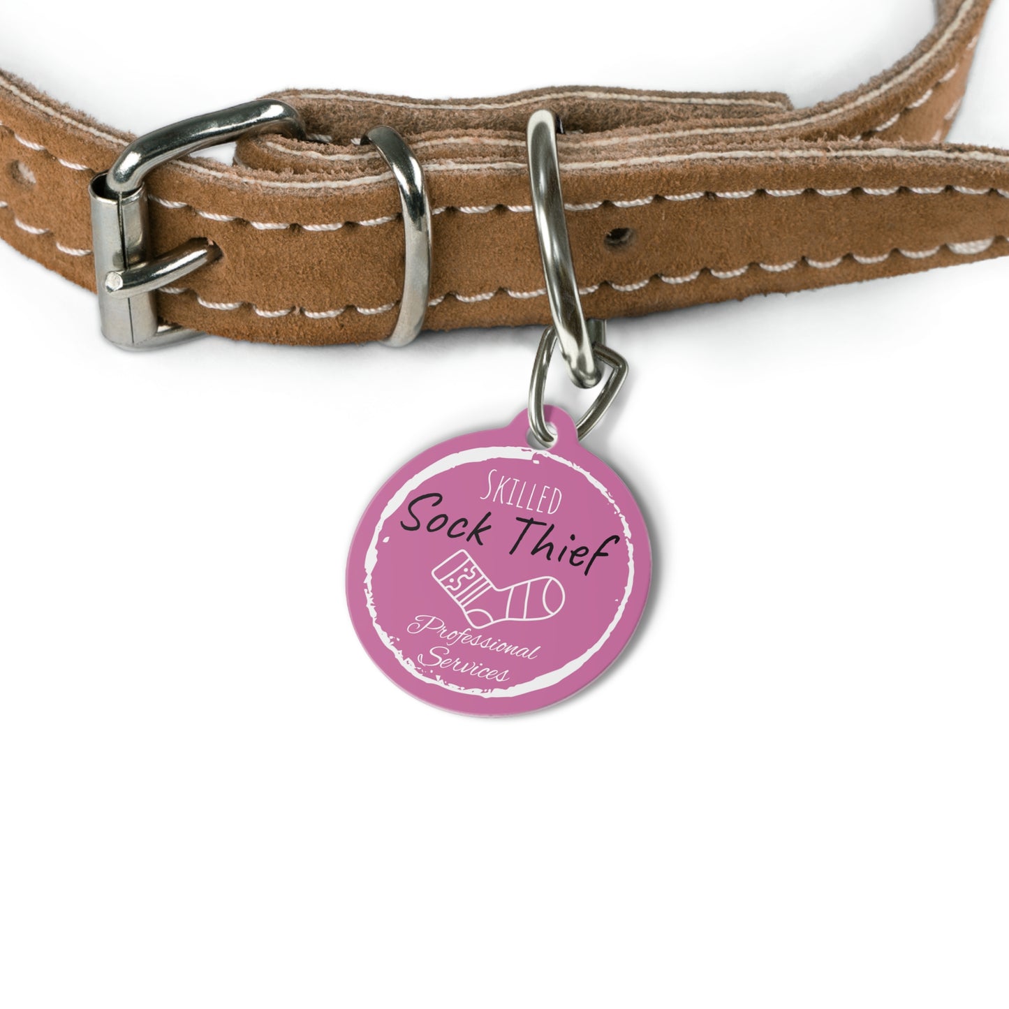 Pink Dog ID, Dog Tag and Personolised with your Dogs Name and Contact info. "Skilled Sock Thief, Professional Services", Pet Tag.