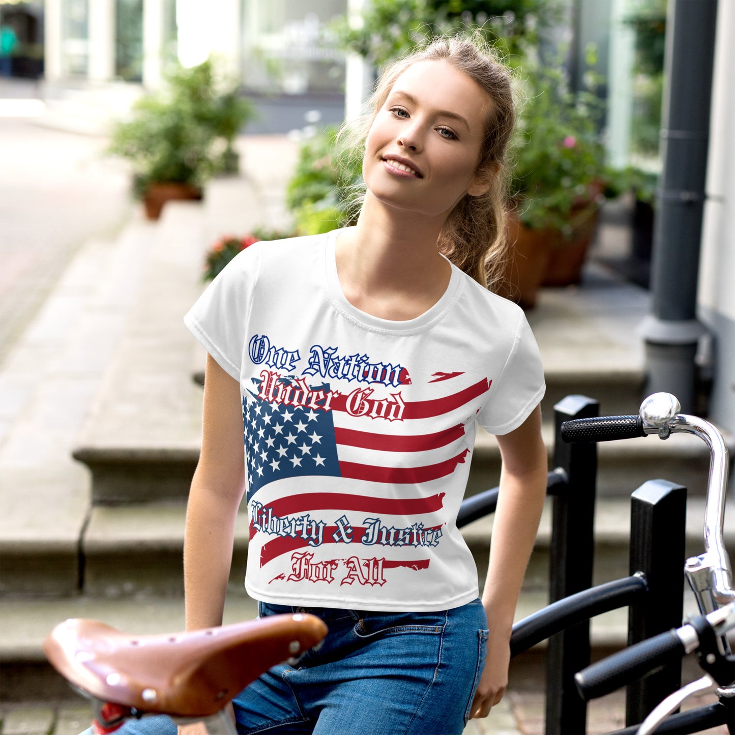 USA One NAtion Flag, All-Over Print Crop Tee