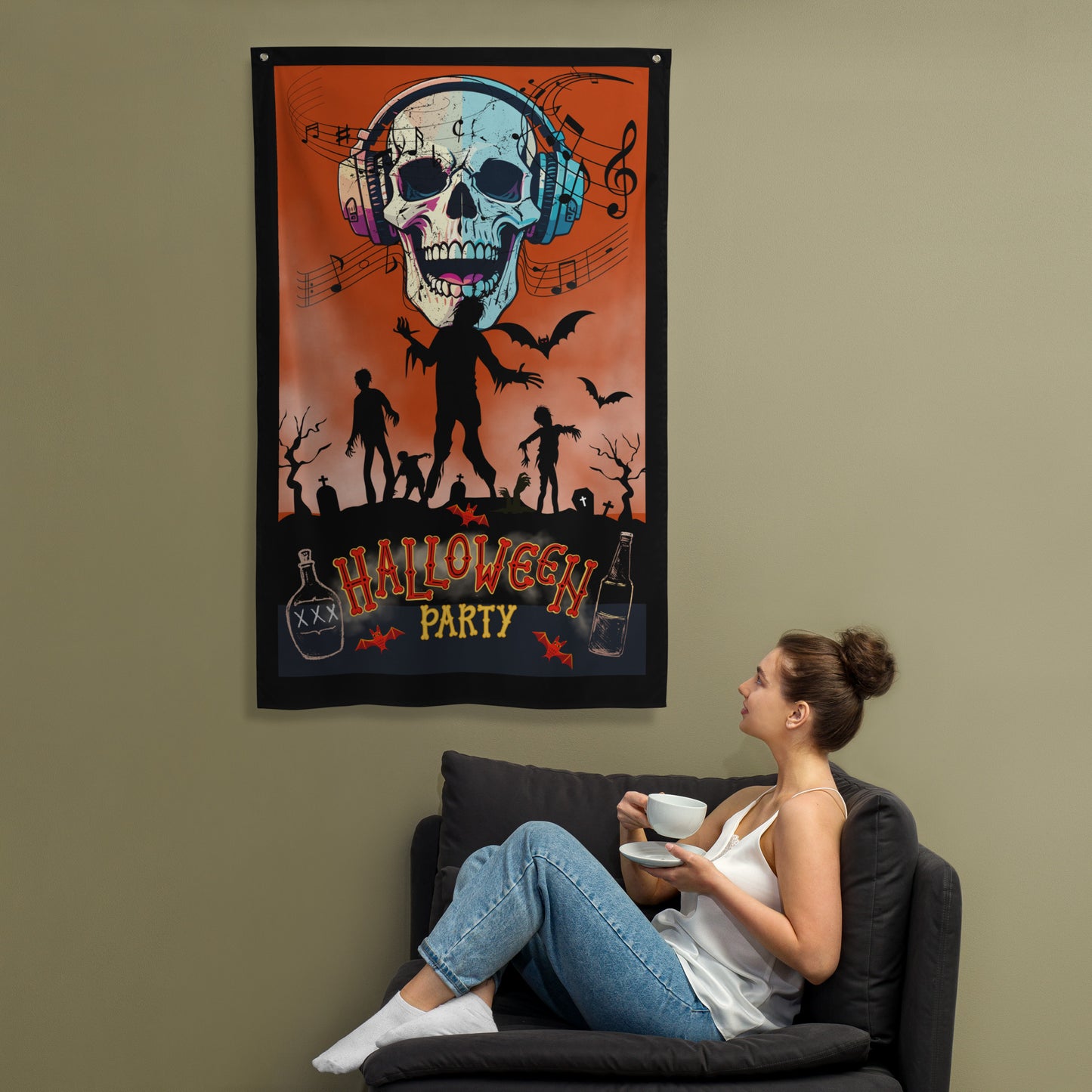 Halloween Decoration Wall Art Flag. Welcome To Halloween Paty, DJ Music Style.