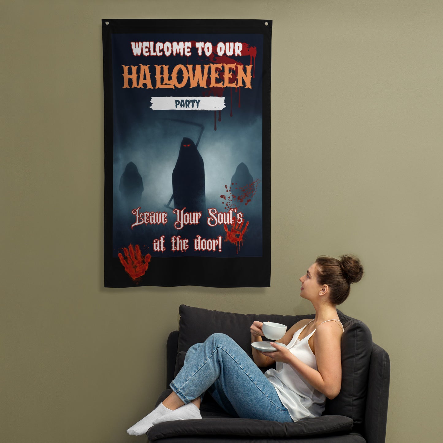 Halloween Decoration Wall Art Flag Welcome To Halloween Party Leave Soul At The Door