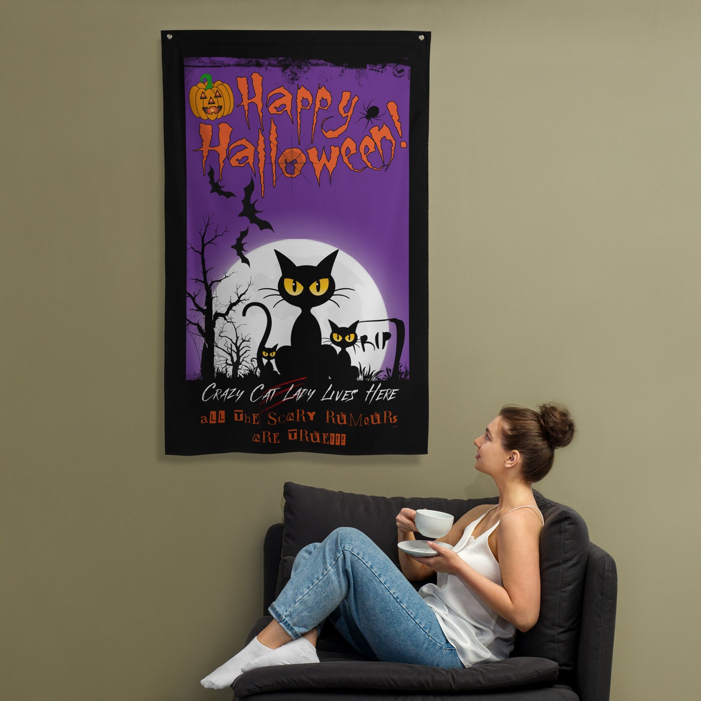 Crazy Cat Lady Halloween Decoration Wall Art Flag.