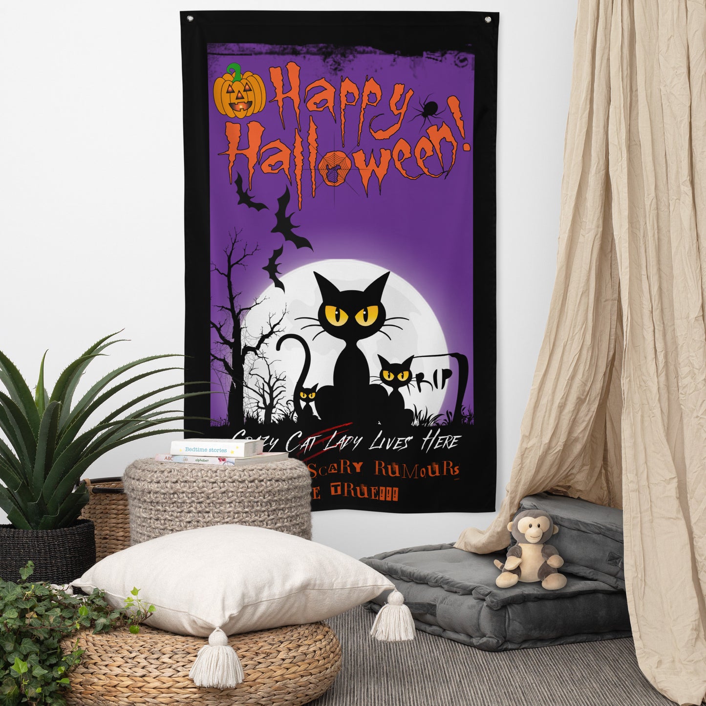 Crazy Cat Lady Halloween Decoration Wall Art Flag.
