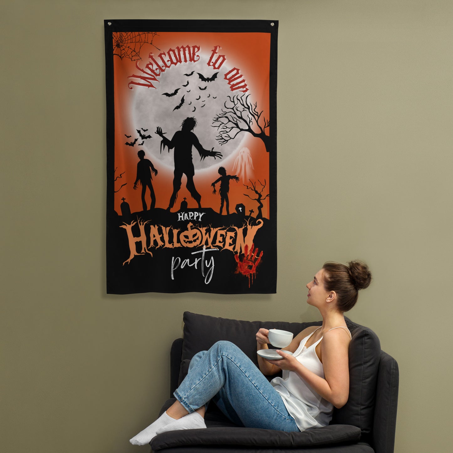 Welcome To Our Halloween Party Wall Art Flag.