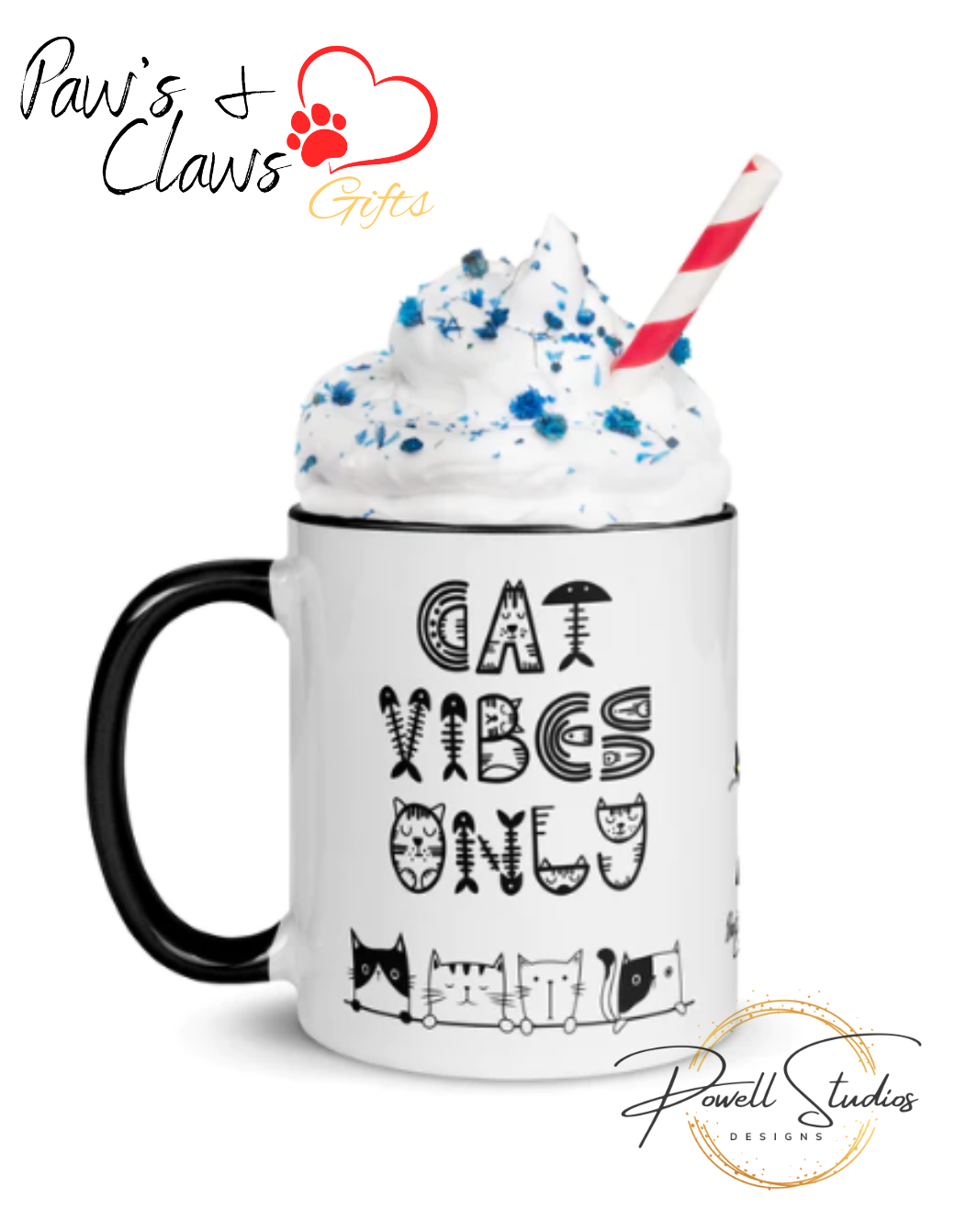 Cat Vibes Only Mug with Color Inside. Cat lover coffee mug, perfect for the Cat Lady in your life.