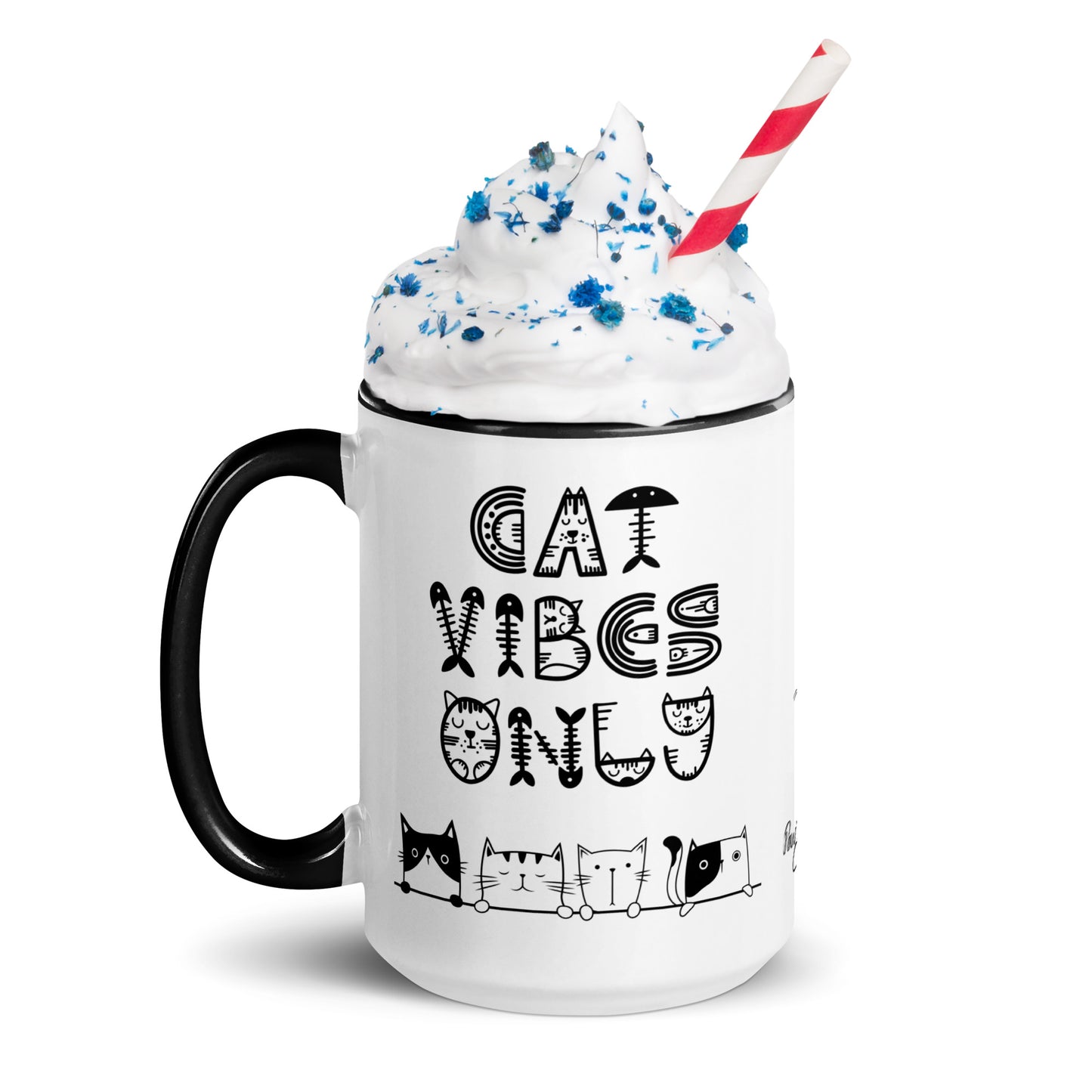 Cat Vibes Only Mug with Color Inside. Cat lover coffee mug, perfect for the Cat Lady in your life.