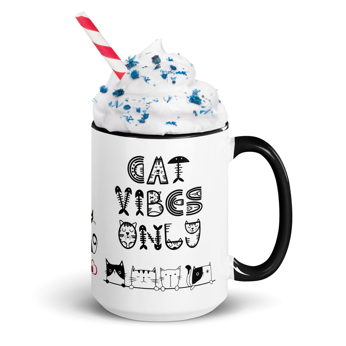 Cat Vibes Only Mug with Color Inside. Cat lover coffee mug, perfect for the Cat Lady in your life.