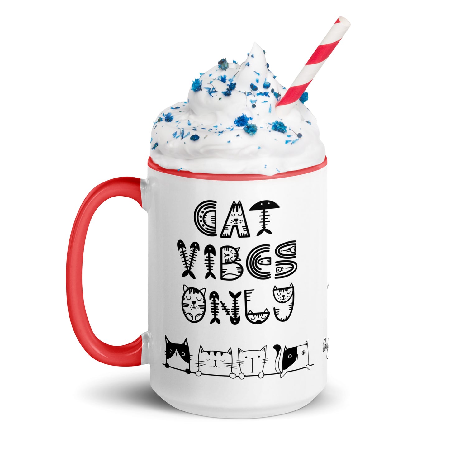 Cat Vibes Only Mug with Color Inside. Cat lover coffee mug, perfect for the Cat Lady in your life.