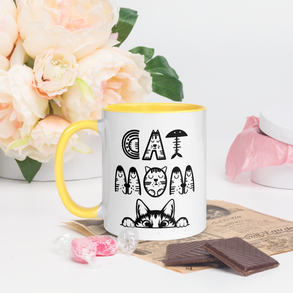 Cat Vibes Only Mug with Color Inside. Cat lover coffee mug, perfect for the Cat Lady in your life.