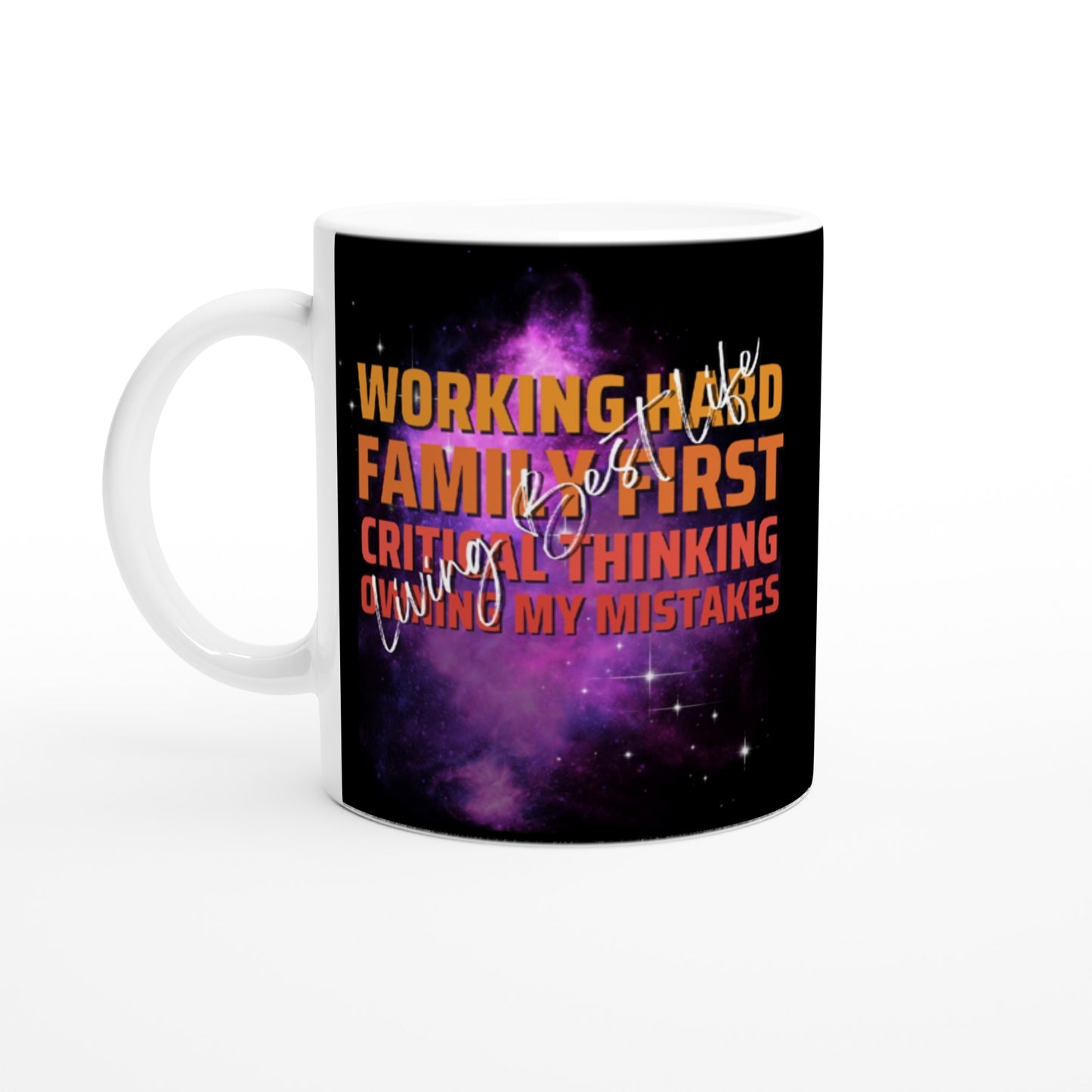 Working hard, Family First, Critical Thinking, Owning My Mistakes.....Living Best Life : Fun Black & White 11oz Ceramic Mug