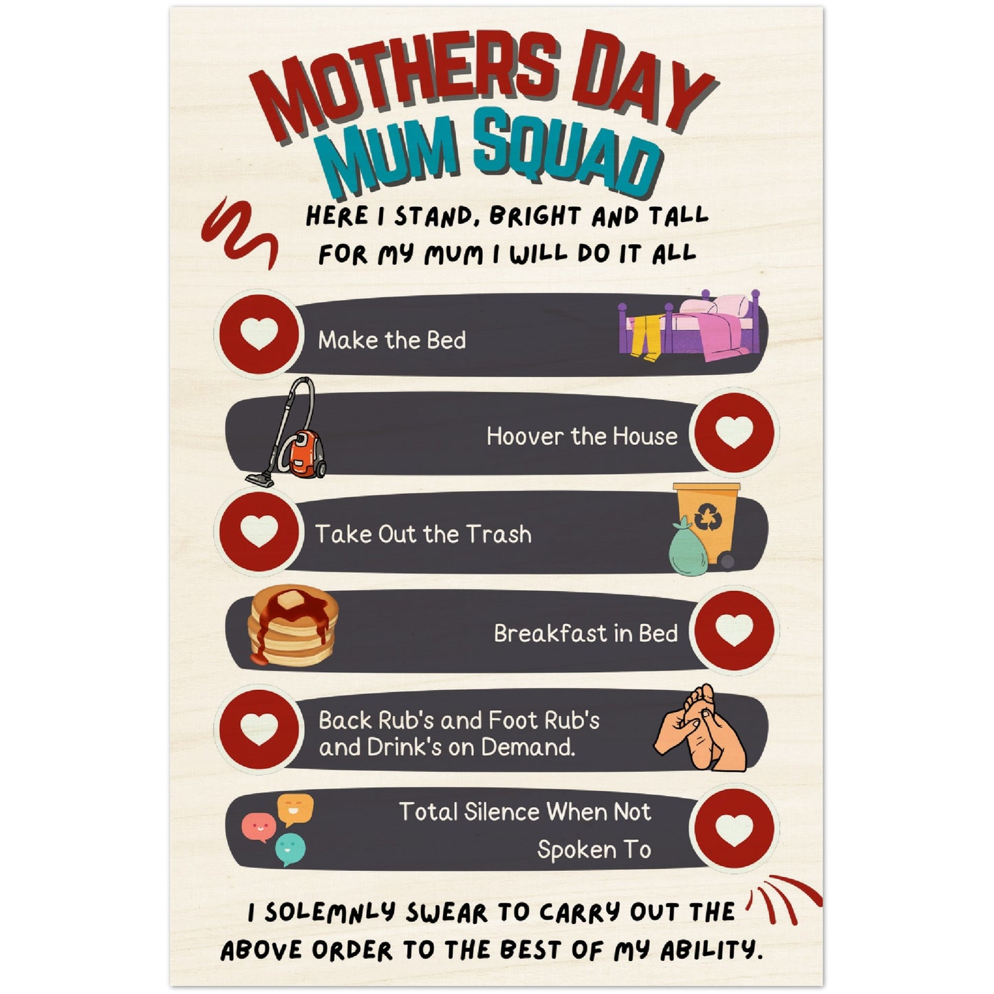 Wood Prints : Kid's Mothers day, Mum Squad Promise wall art.