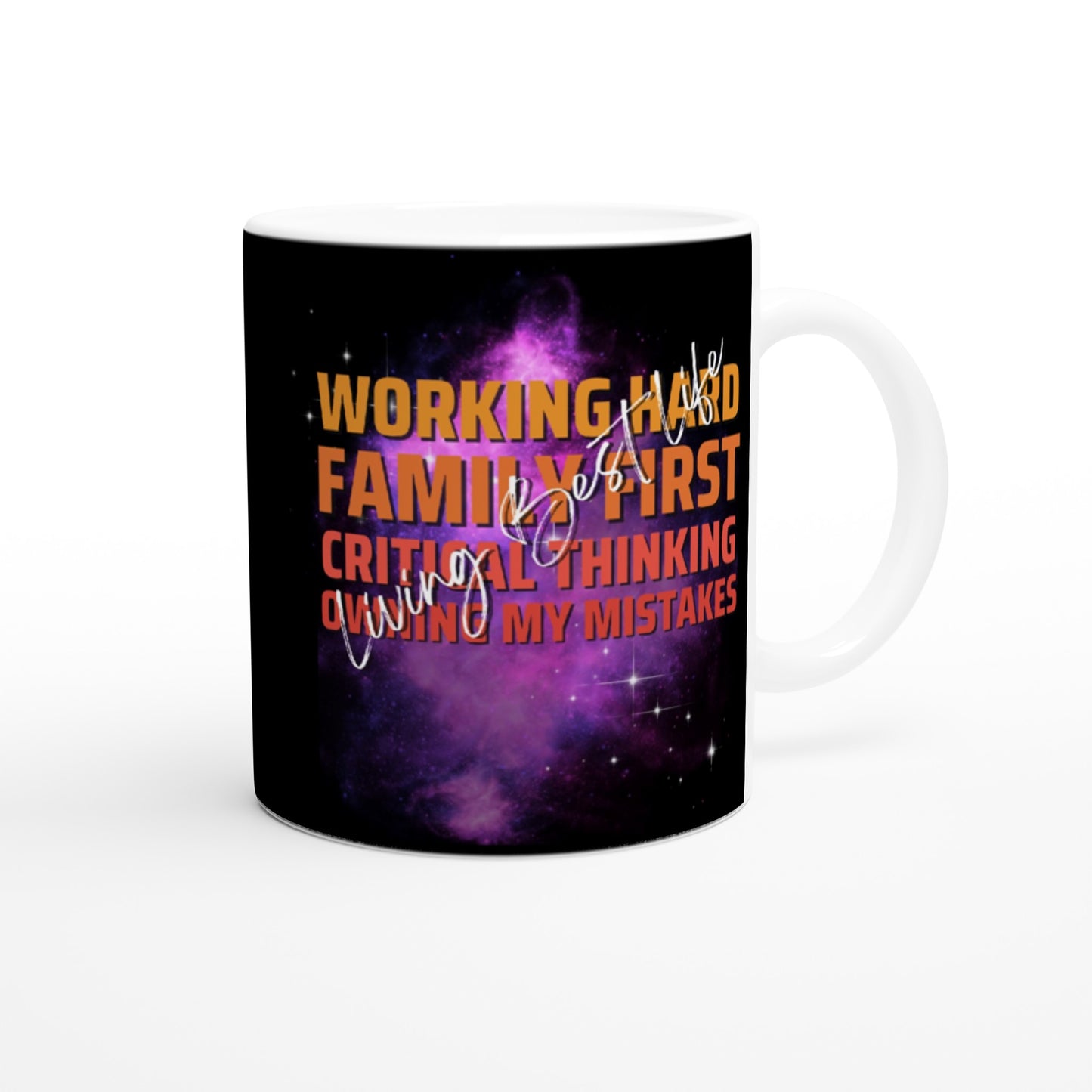 Working hard, Family First, Critical Thinking, Owning My Mistakes.....Living Best Life : Fun Black & White 11oz Ceramic Mug