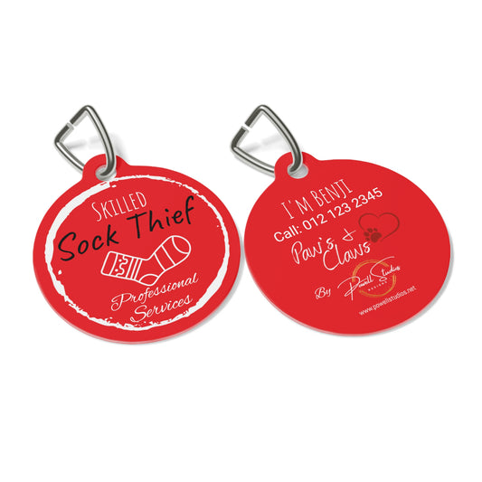 Red Dog ID, Dog Tag and Personolised with your Dogs Name and Contact info.  "Skilled Sock Thief, Professional Services", Pet Tag.