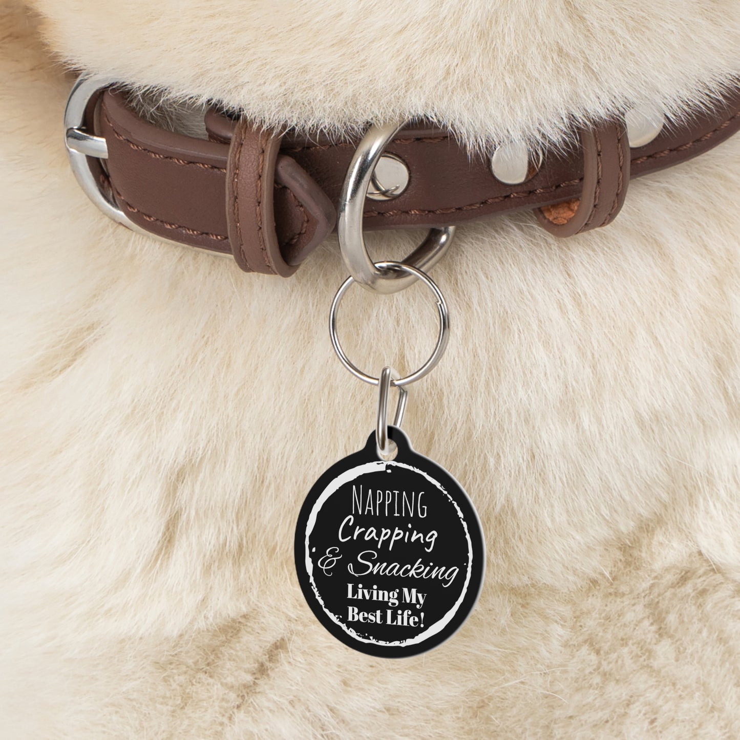 Black "Napping, Crapping and Snacking. Living My Best Life" ,Pet Tag, Dog ID, Dog Tag, Cat Tag, Cat ID