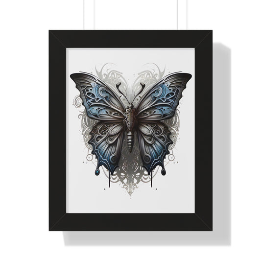 Steam Punk Style Butterfly Framed Vertical Poster, Ash Blue