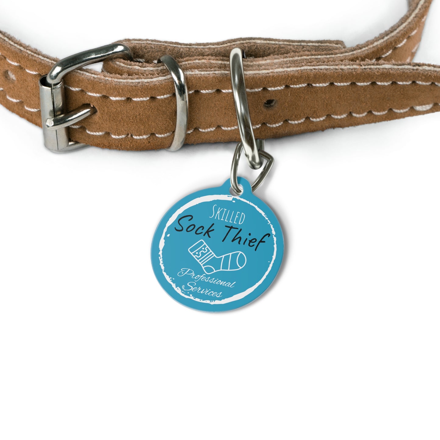 Blue Dog ID, Dog Tag and Personolised with your Dogs Name and Contact info.  "Skilled Sock Thief, Professional Services", Pet Tag.