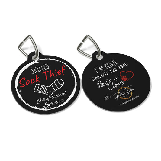 Black Dog ID, Dog Tag and Personolised with your Dogs Name and Contact info.  "Skilled Sock Thief, Professional Services", Pet Tag.
