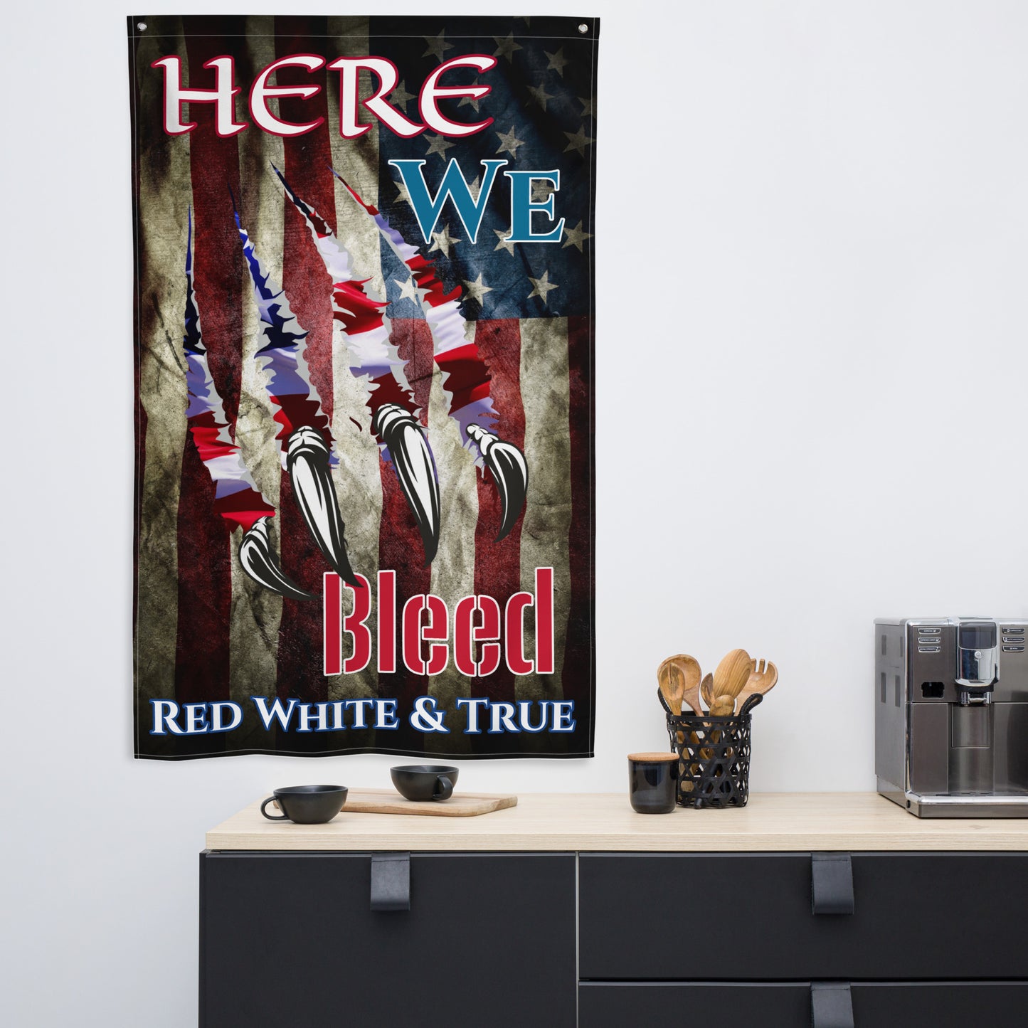 Here we bleed red white and true, American Flag style Patriot Flag