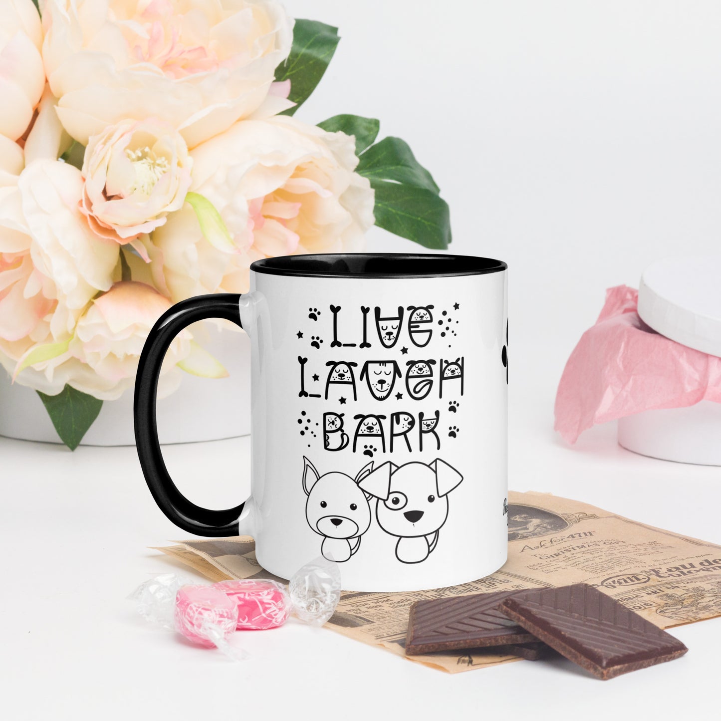 Live Laugh Bark, Dog lovers Mug with Color Inside. Puppy coffee mug, perfect for the Dog Lady in your life.