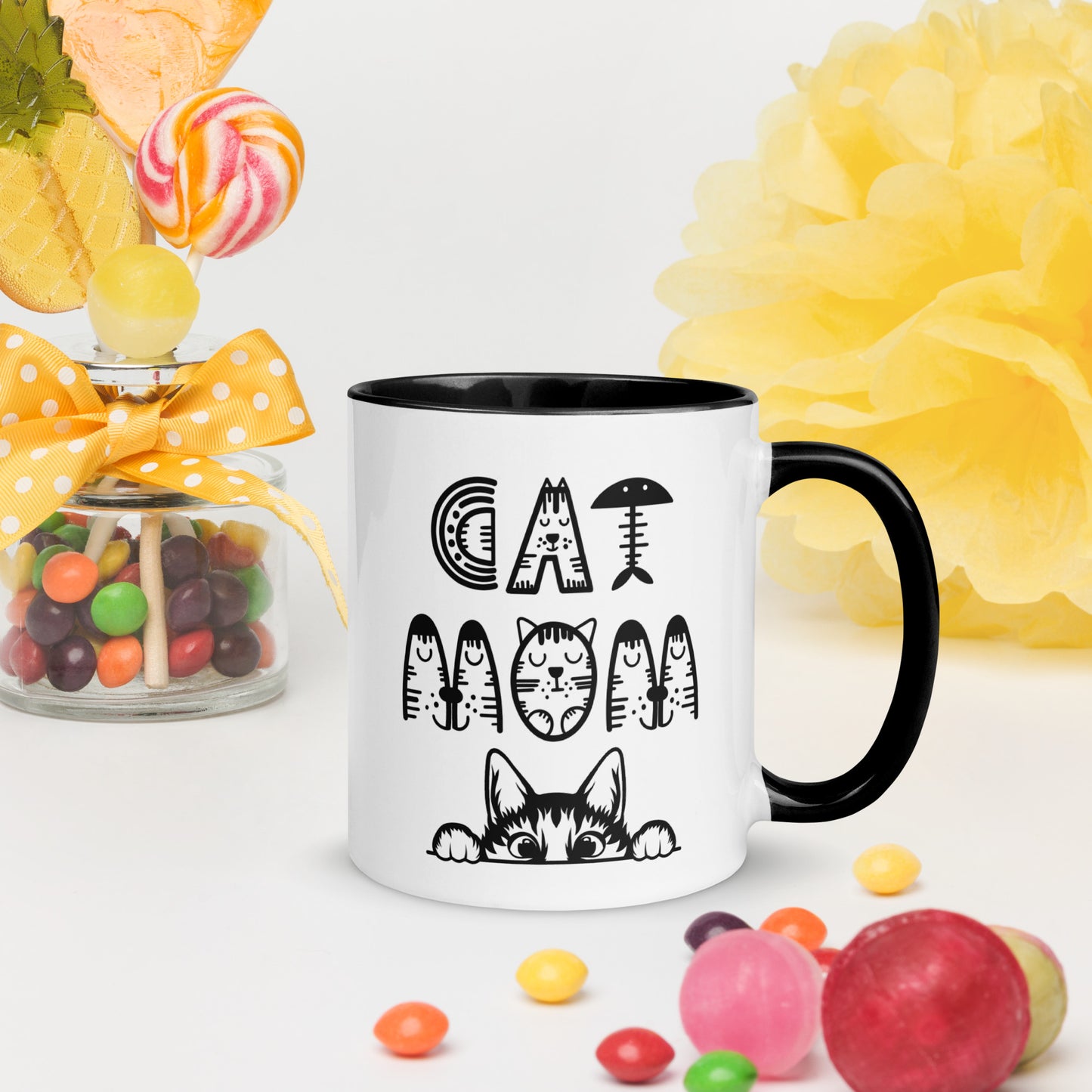 Cat Mom, Cat lovers Mug with Color Inside. For all Crazy Cat ladys and kitten mums everywhere that enjoy a coffee or tea.