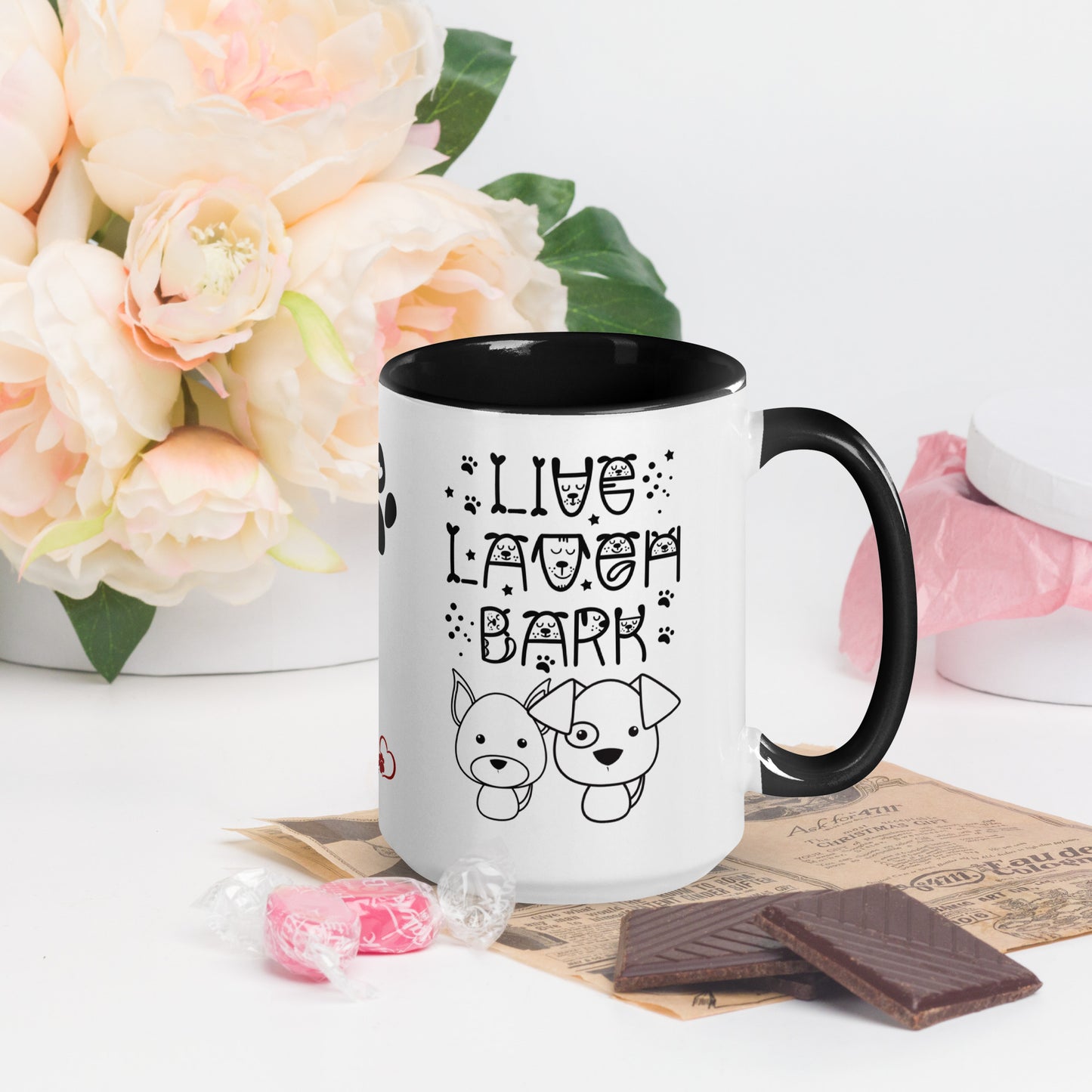 Live Laugh Bark, Dog lovers Mug with Color Inside. Puppy coffee mug, perfect for the Dog Lady in your life.