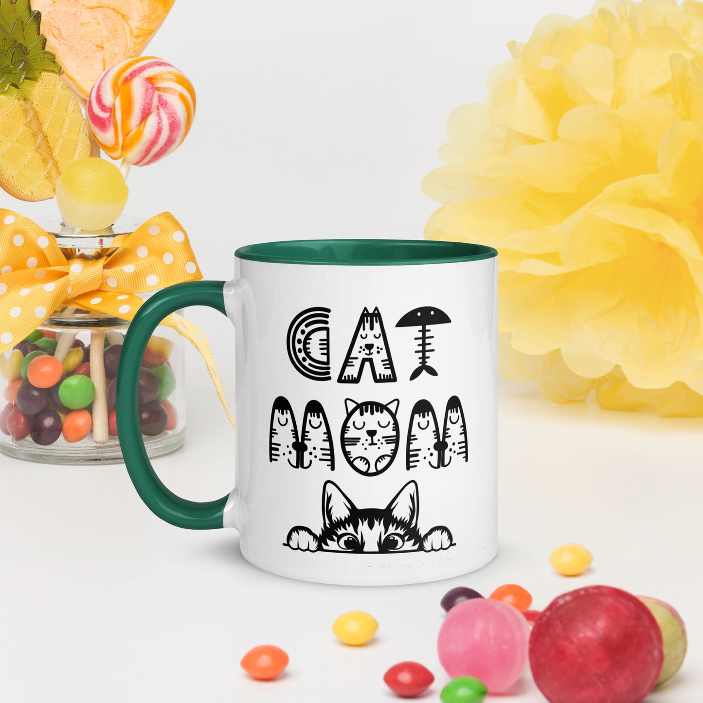 Cat Mom, Cat lovers Mug with Color Inside. For all Crazy Cat ladys and kitten mums everywhere that enjoy a coffee or tea.