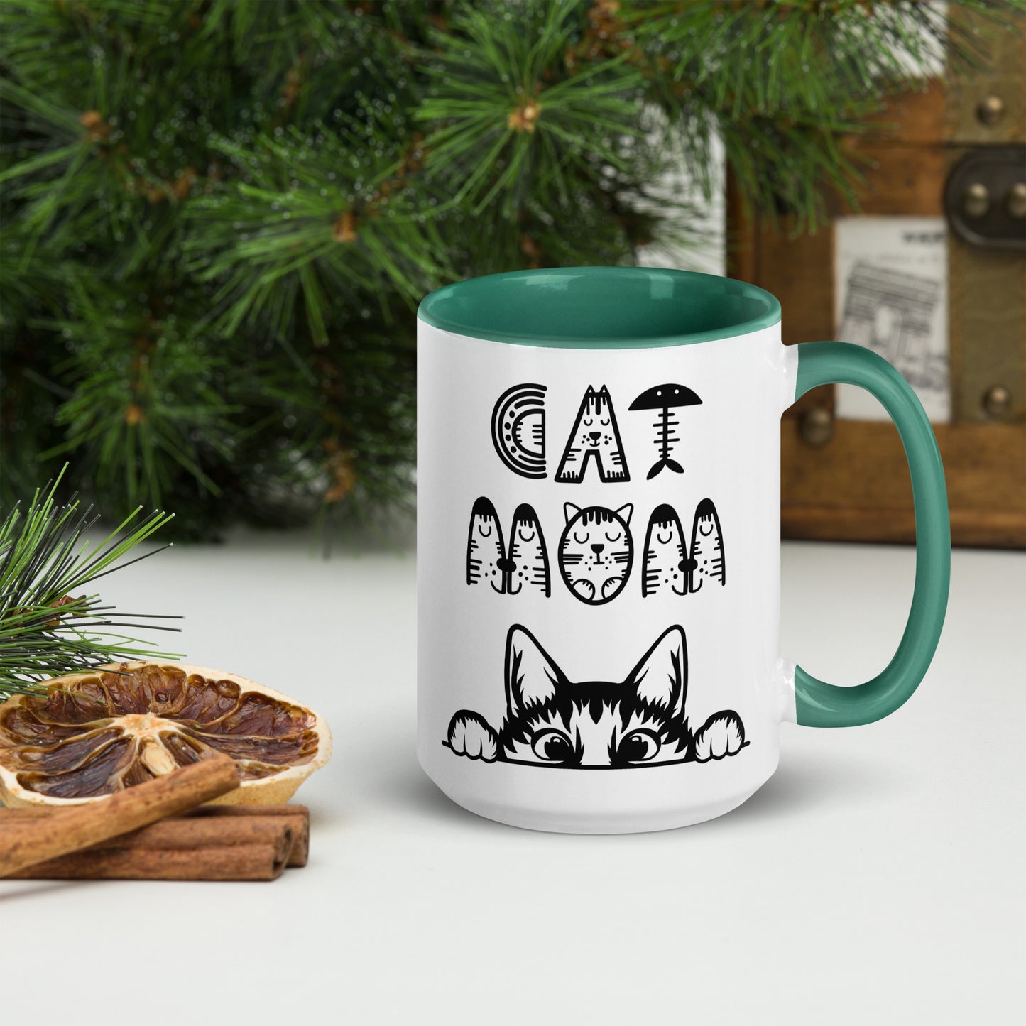 Cat Mom, Cat lovers Mug with Color Inside. For all Crazy Cat ladys and kitten mums everywhere that enjoy a coffee or tea.